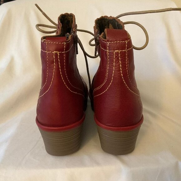 FLY LONDON 'Yole' Burgundy Leather Lace Up Wedge Ankle Boots Women's size 9.5 - Picture 4 of 7